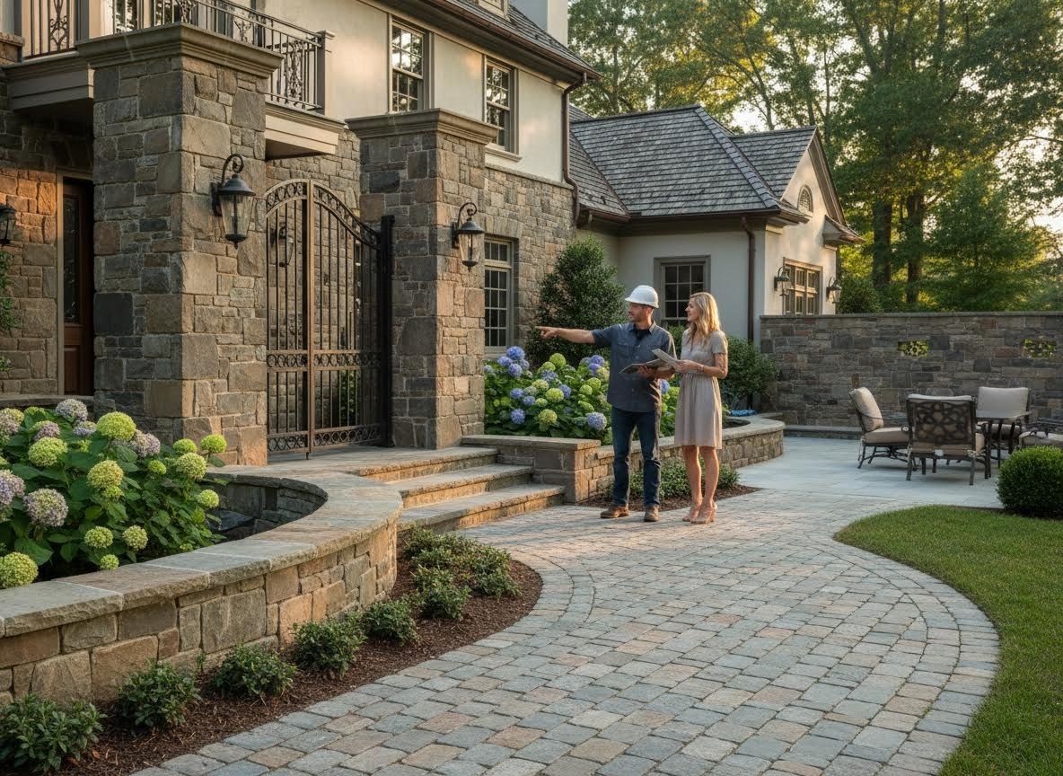 Contractor and Client Reviewing Luxury Home Hardscaping Plans