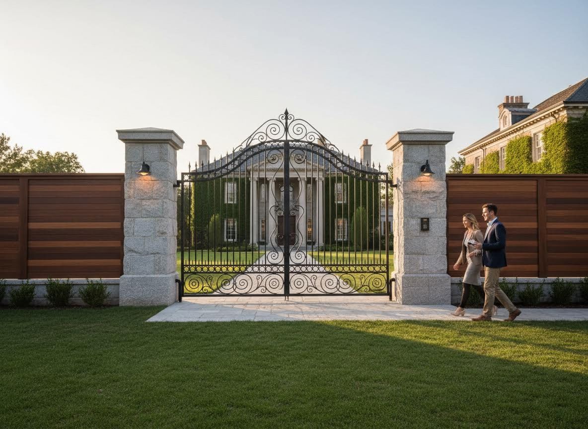 Grand Estate Entrance with Ornate Wrought Iron Gate