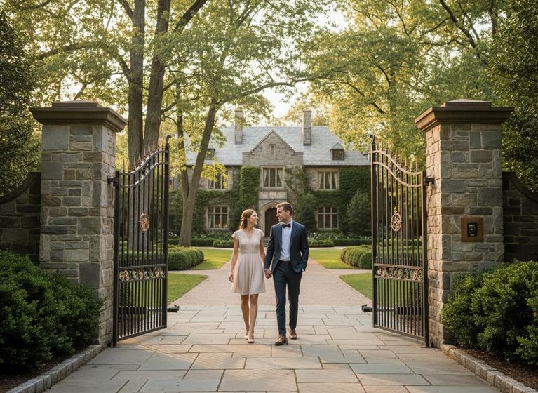 A formally dressed couple walks hand-in-hand down a paved driveway, through elegant open gates, towards a large ivy-covered stone house. Couple holding hands walking towards a stately stone mansion through open gates
