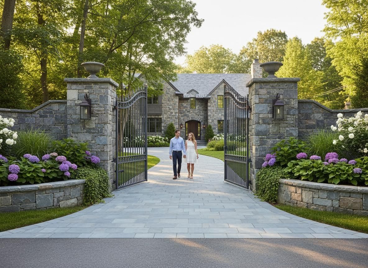 Couple exiting a grand stone house through an open iron gate
