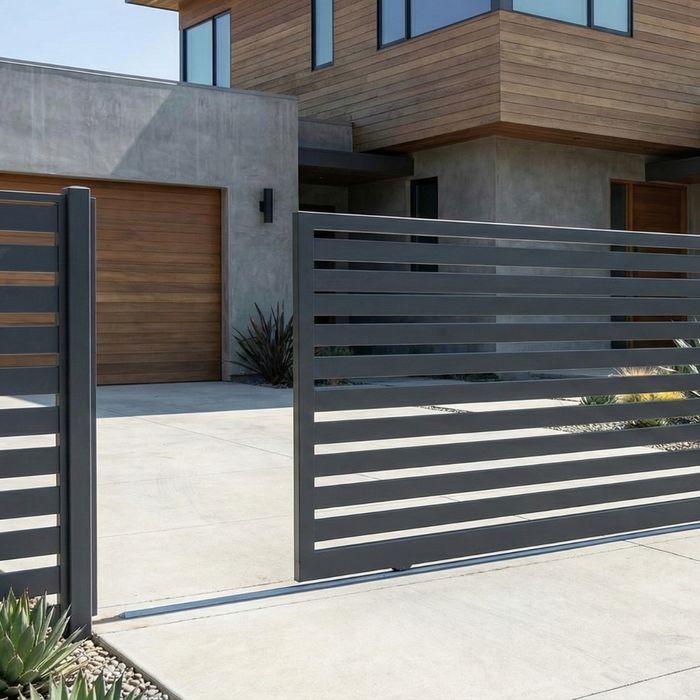 metal driveway gate in front of a house
