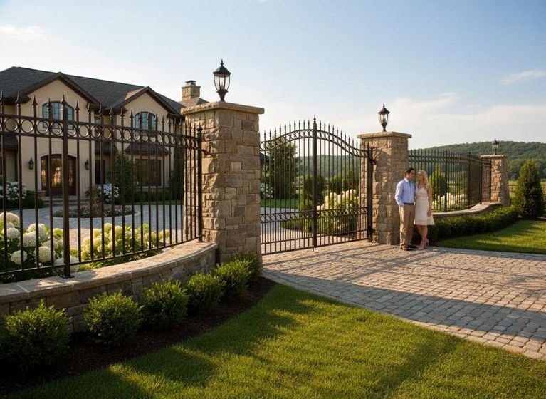 A couple stands near an ornate wrought iron gate and stone pillars leading to a large, luxurious house with a paved driveway and green landscaping. Couple at the ornate gate of a luxury estate
