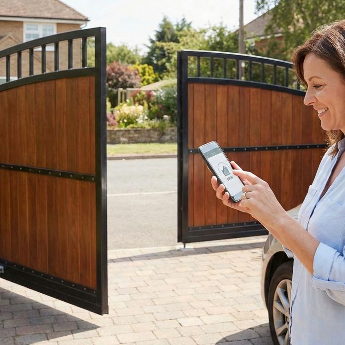 homeowner using a smartphone app to open an automated driveway gate