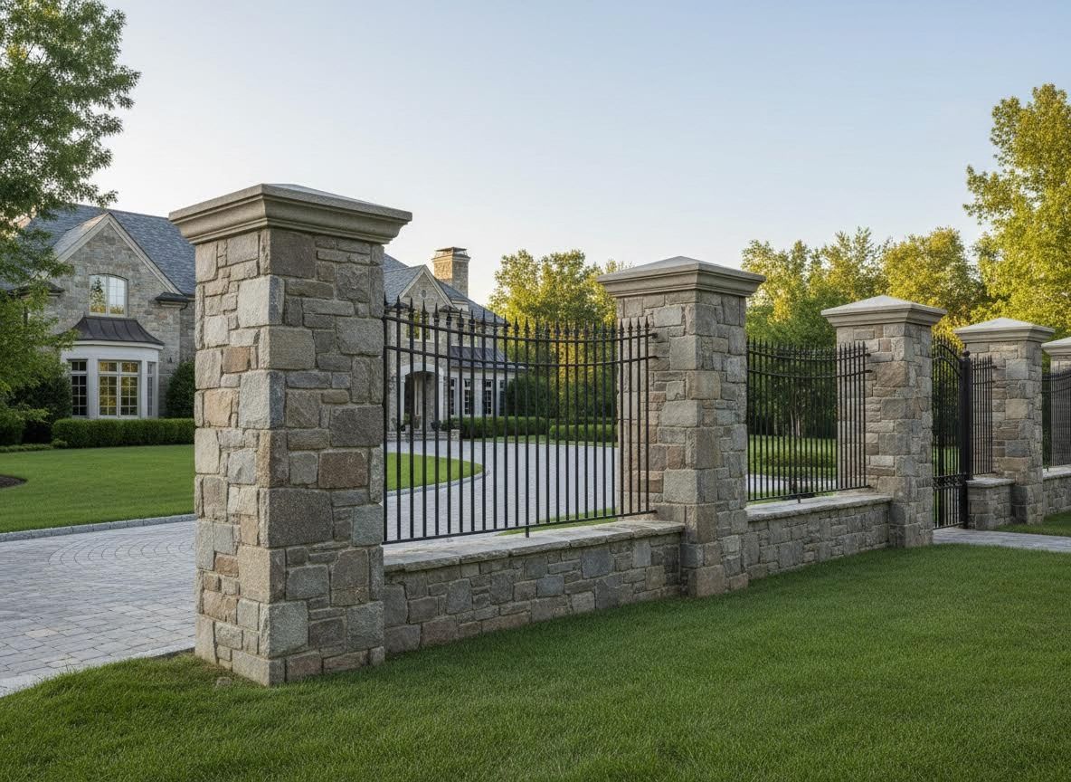 Luxury Estate Entrance with Stone Wall and Wrought Iron Fence
