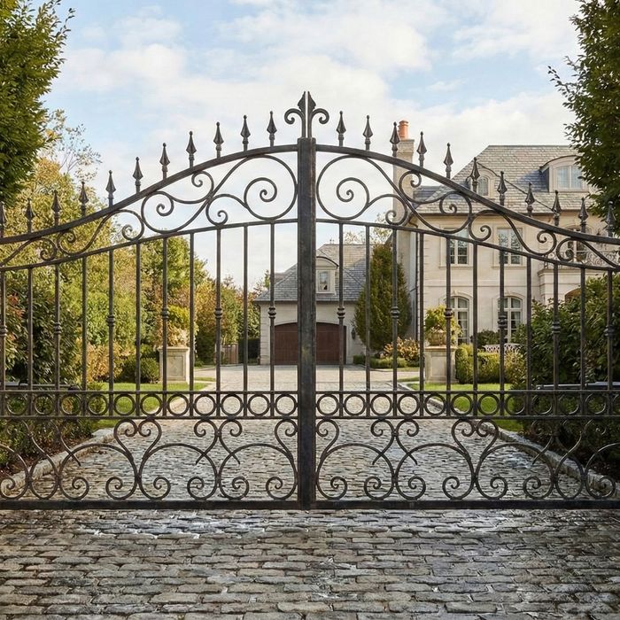 wrought-iron driveway gate on a paved driveway
