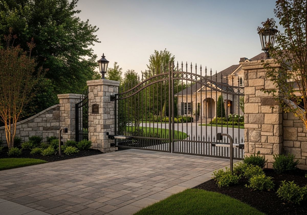 Grand Estate Entrance with Stone Columns and Iron Gate