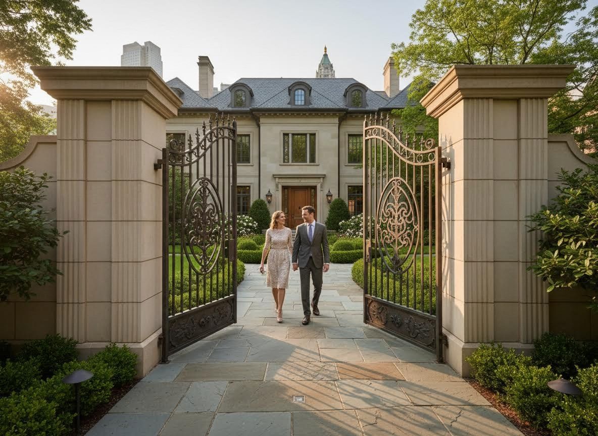 Elegant couple walking hand-in-hand through ornate gates towards a grand mansion