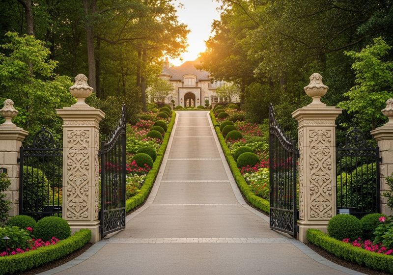 View through ornate wrought iron gates, flanked by sculpted stone pillars, leading up a long driveway lined with manicured gardens to a stately home at sunset. Grand Estate Entrance