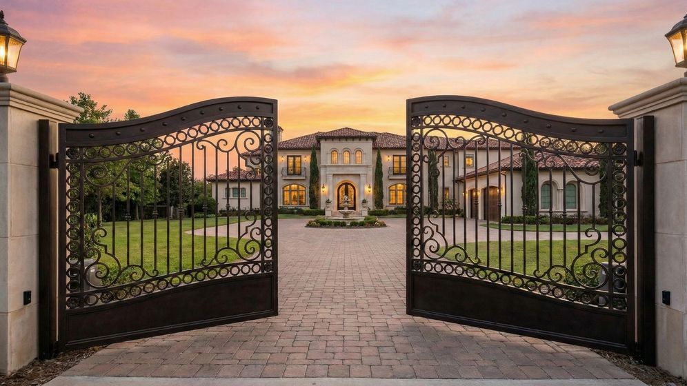 iron custom driveway gate opening to a luxury estate