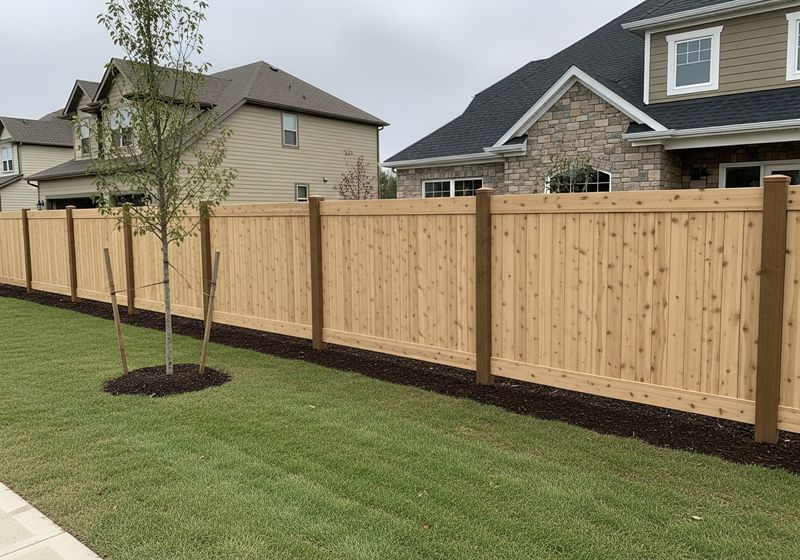 A newly constructed wooden fence runs along the property line of a suburban home, providing privacy and security. The fence is made of light-colored wood with darker posts. A young tree is planted near the fence. The fence runs between two houses with well-manicured lawns and landscaping. The sky is overcast. New wooden fence in residential neighborhood