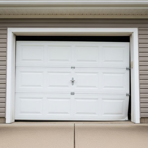 residential garage door that is crooked and off its track