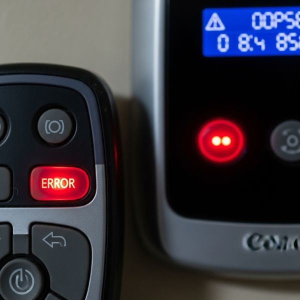 a garage door remote and wall panel with a red light indicating an error