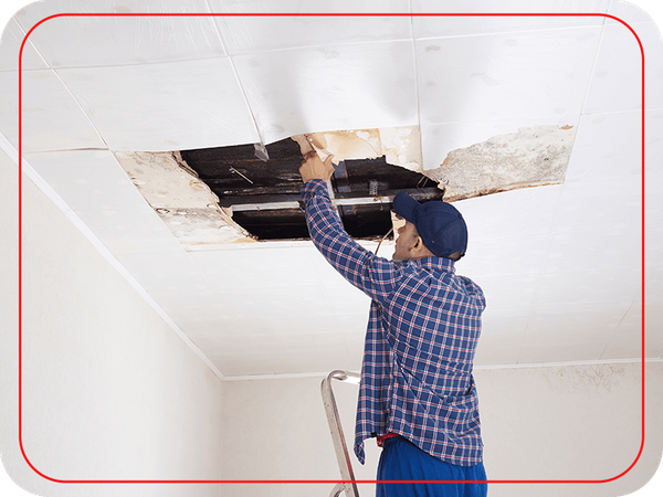 Man inspecting water damaged ceiling tiles
