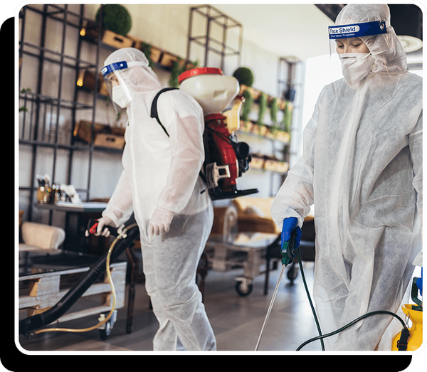 Two mold remediation specialists spraying a home interior