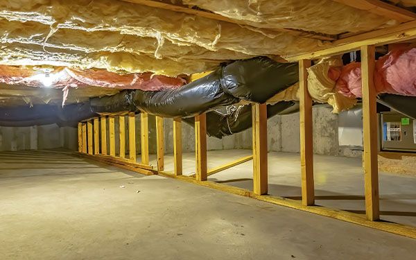 Image of a basement with insulation hanging from the ceiling