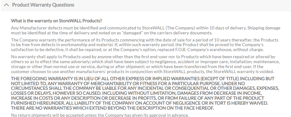 Storewall Warranty