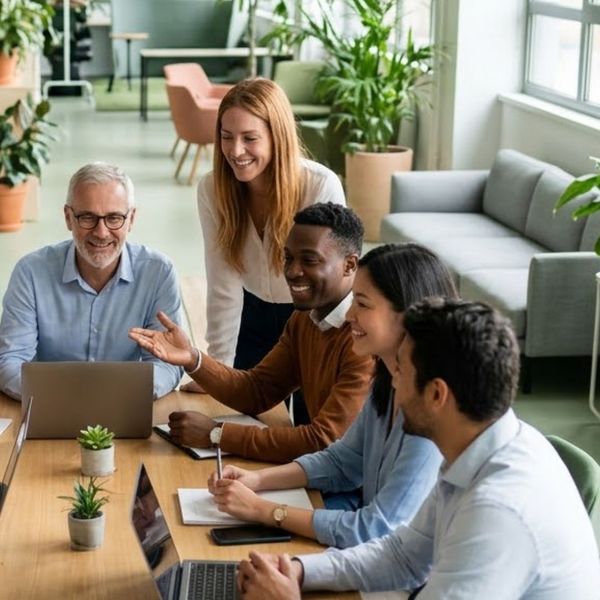 Diverse team of professionals collaborating happily in a sustainable office space.