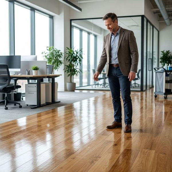 A manager admiring their clean and polished hardwood flooring in their office.