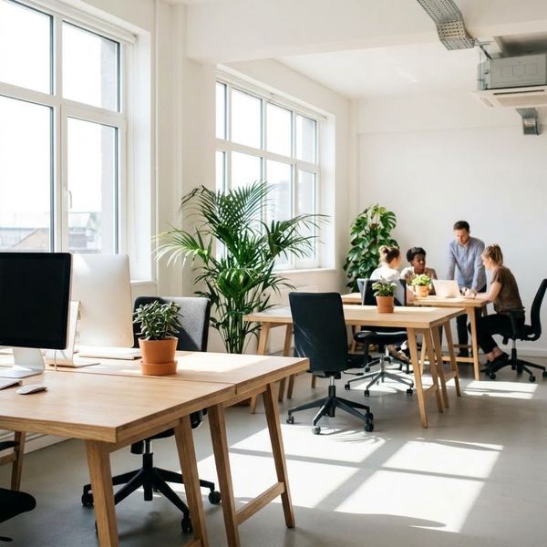 A bright and airy contemporary office interior filled with natural sunlight coming through clean windows.