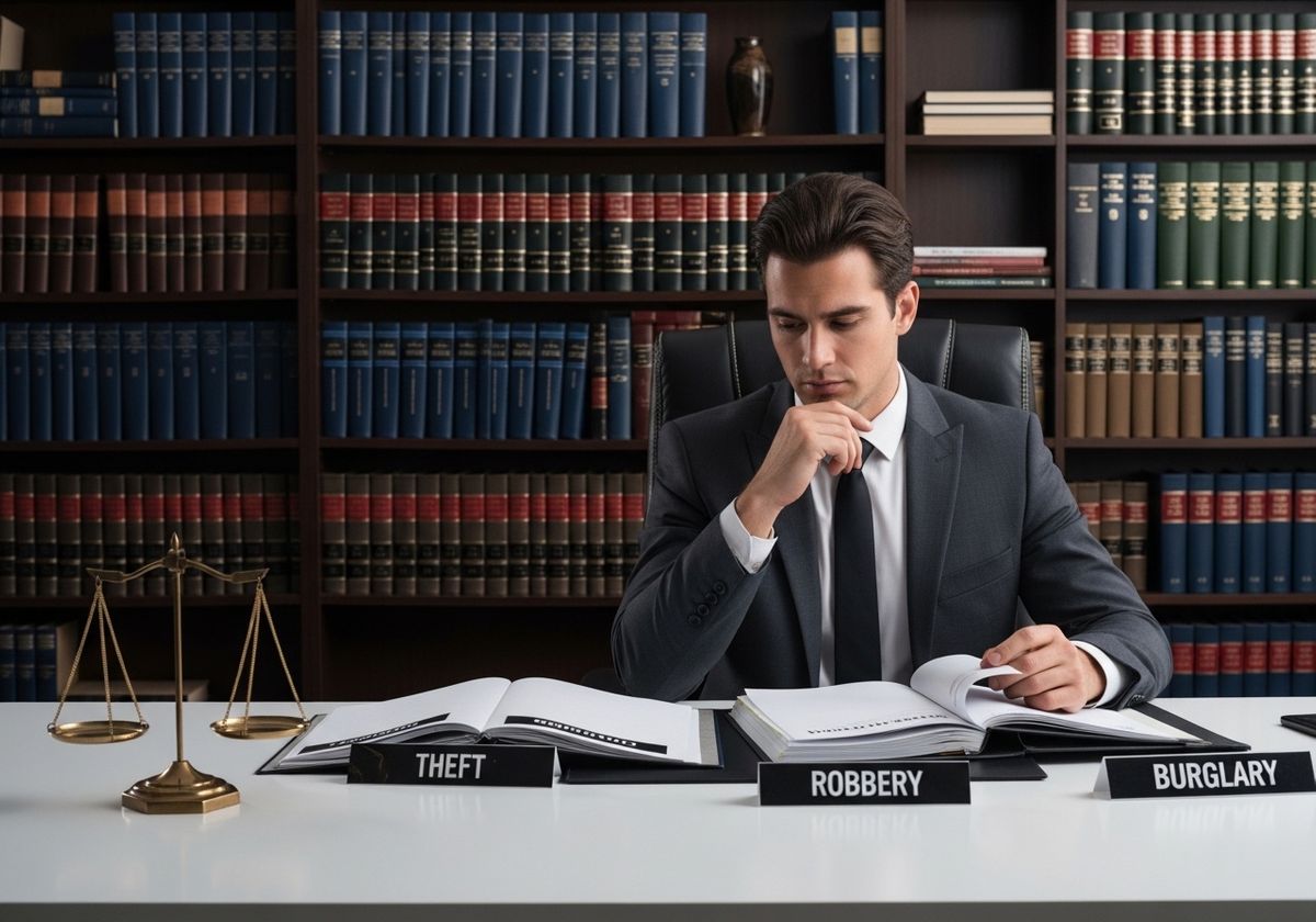 Lawyer pondering theft, robbery, and burglary cases in his office