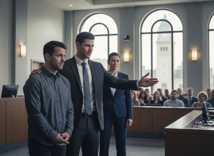 Lawyer and Client in Courtroom