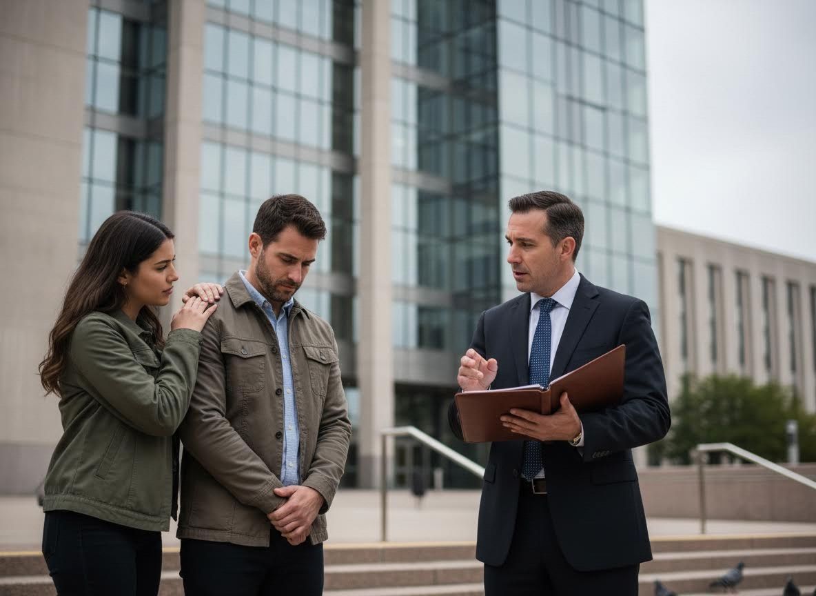 Lawyer Consulting a Couple Outside a Modern Building