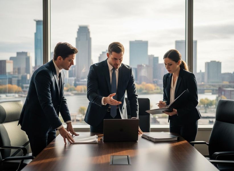 Business professionals in a meeting overlooking a city