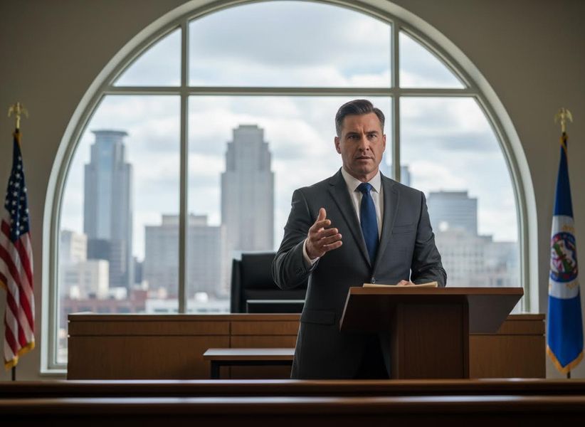 Man in Suit Speaking at Courtroom Podium