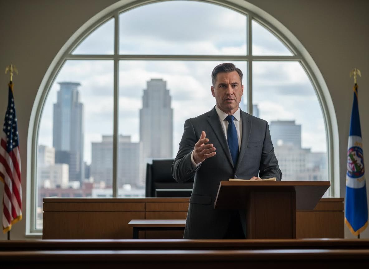 Man in Suit Speaking at Courtroom Podium
