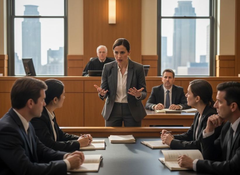 Female Lawyer Presenting Case in Courtroom