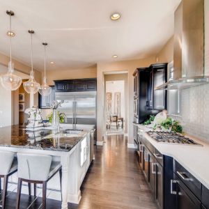 dark cabinets and white accents in a kitchen