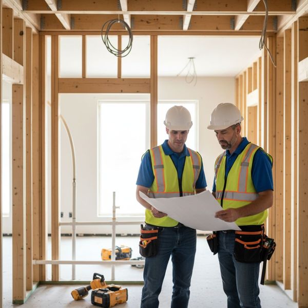 remodelers standing inside house looking over plans