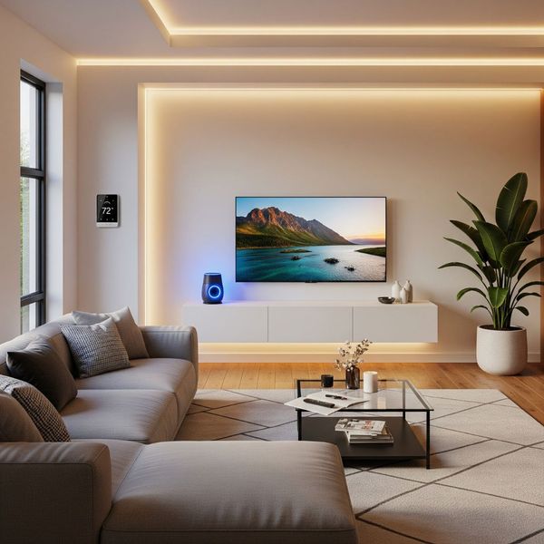 A stylish living room with integrated smart home technology.