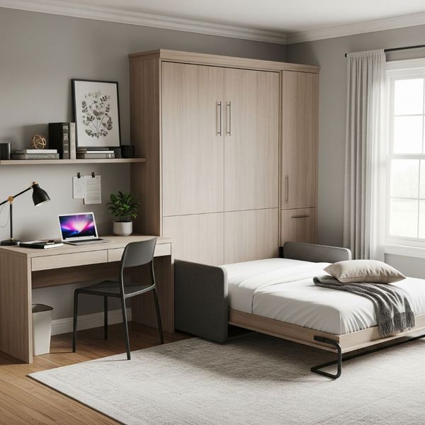 A versatile room serving as a home office and guest room.