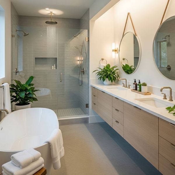 A luxurious, spa-like primary bathroom with a freestanding bathtub and walk-in shower.