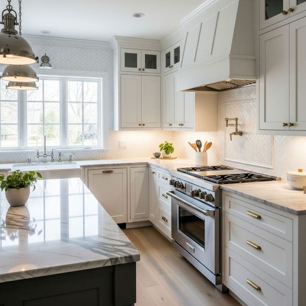 A beautifully renovated kitchen with new cabinets and countertops, a key part of a successful house renovation.