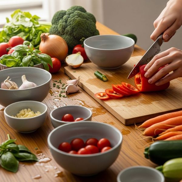 A person preparing food on a functional kitchen island with built-in storage.
