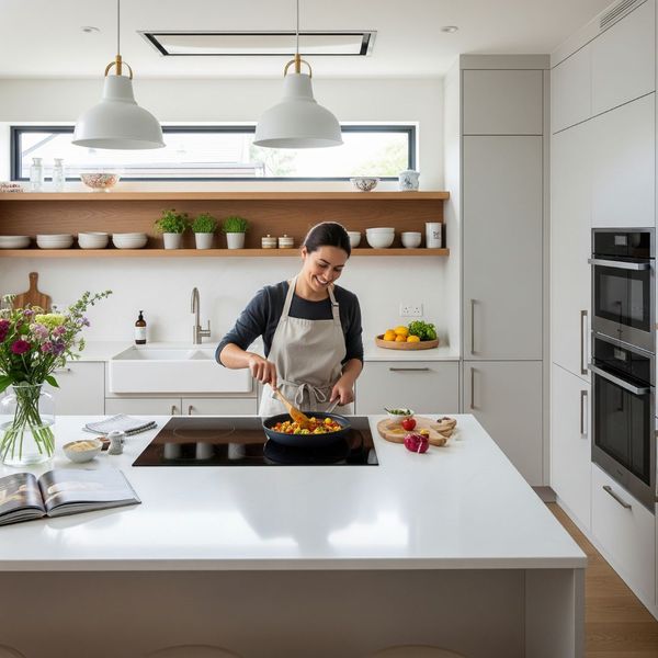 A person happily cooking in their newly remodeled kitchen, showcasing the benefits of hiring remodeling contractors.