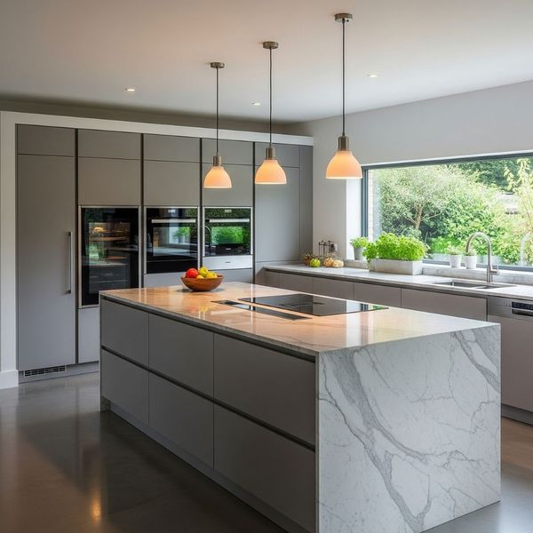 A modern gourmet kitchen with a central island, stainless steel appliances, and clean lines.