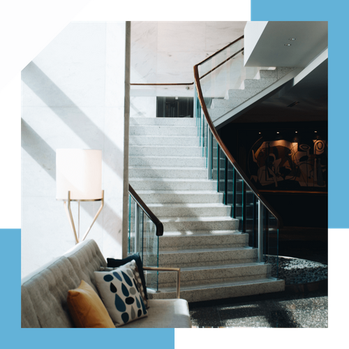 Stairs leading up from a sitting area