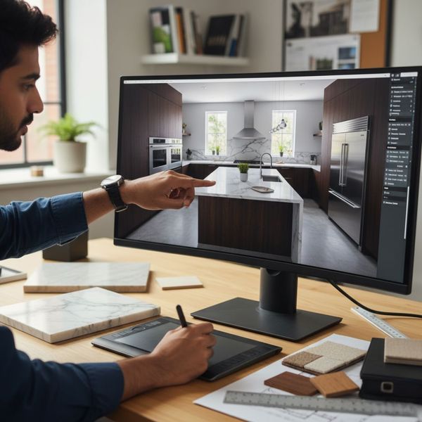 showing remodeling plans on computer