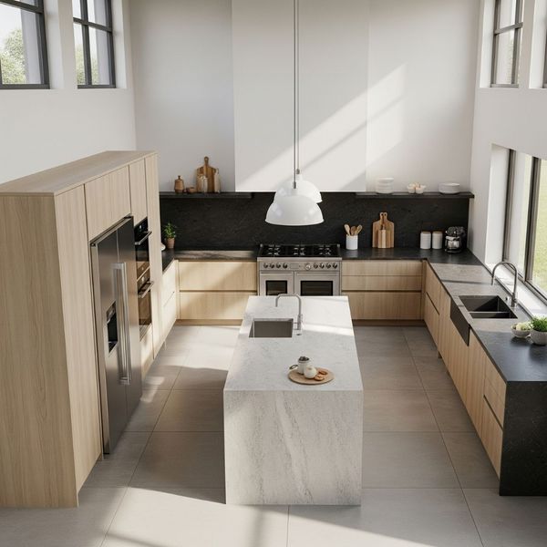 Top-down view of a well-designed kitchen layout emphasizing clear traffic flow around the central island.