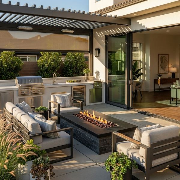 A beautiful modern patio with comfortable lounge furniture, blurring the line between indoor and outdoor living.