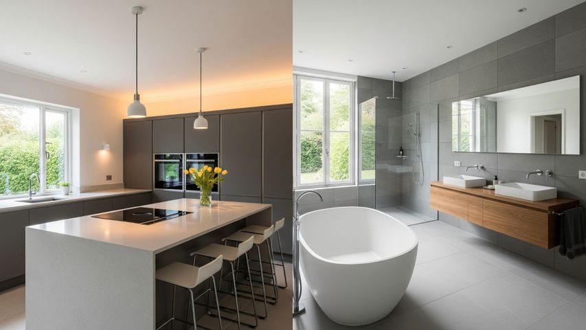 A modern and luxurious kitchen and bathroom after a successful home renovation.