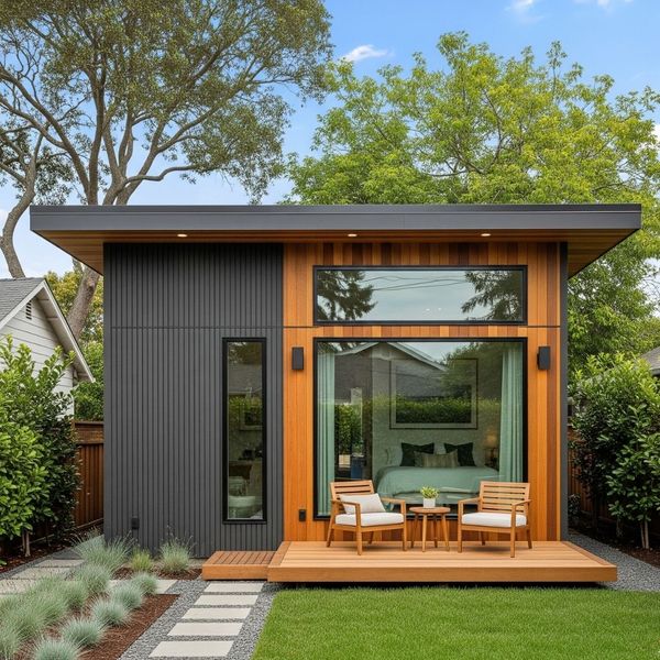 A modern and compact Accessory Dwelling Unit (ADU) with a stylish exterior and clever design.