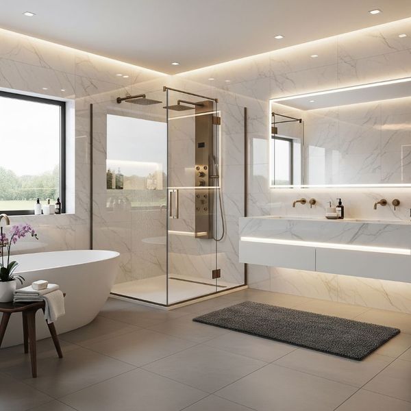 A luxurious and modern bathroom with a spacious shower and elegant fixtures after a professional home remodeling project.