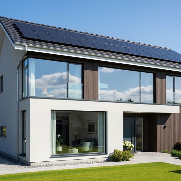 A modern home with solar panels, showcasing energy efficiency.