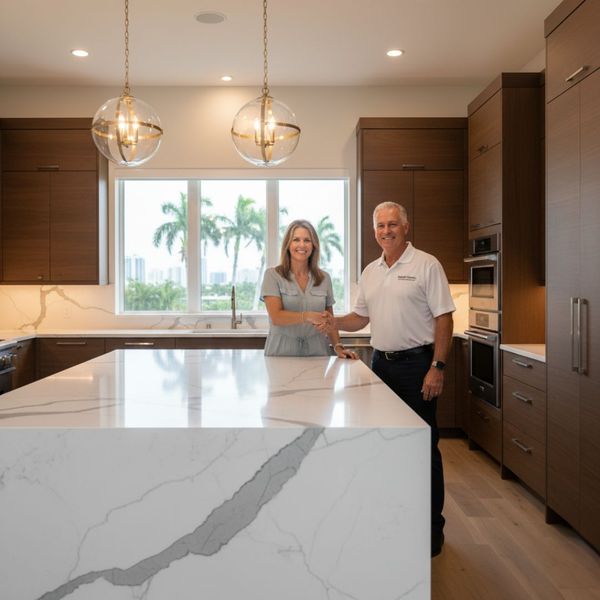 homeowner shaking hands with contractor in new kitchen homeowner shaking hands with contractor in new kitchen