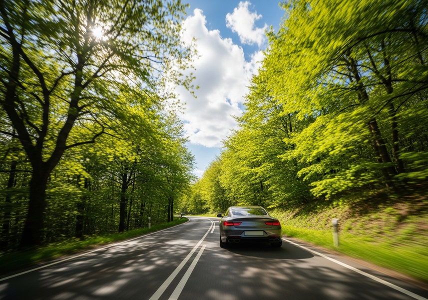 car driving down the road in the spring 1774539403246/sample_0.jpg