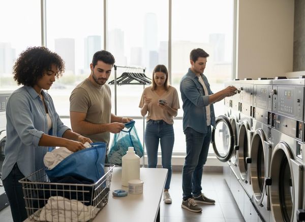 Young Adults Doing Laundry in a Modern Laundromat